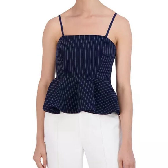BCBG NewYork Navy Striped Peplum Spaghetti Stripe Top size 10 NWT - Picture 1 of 8